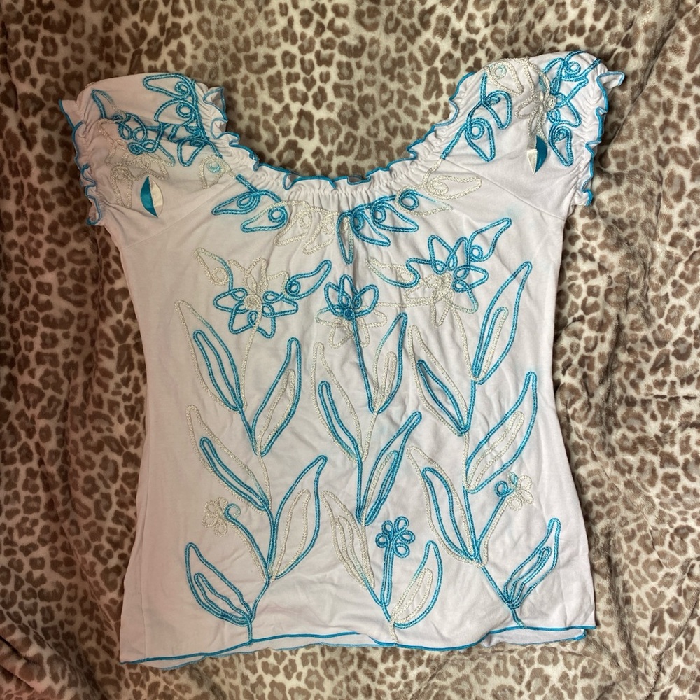 Woman's Sz Small Summer Mermaid Lauren Michelle White Blouse Blue Embroidery